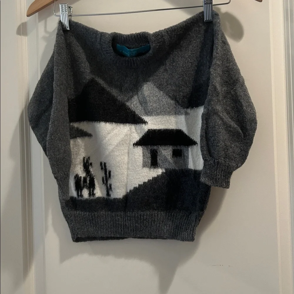 Grupo Esmeralda 100%Alpaca Kid Gray Scenic Knit Crewneck pullover Sweater size L